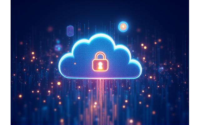 Représentation numérique sécurisée de données dans le cloud, avec des icônes de cadenas et de protection